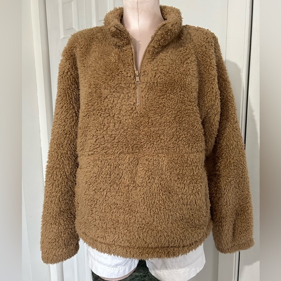 GAP Sherpa Teddy Bear Jacket Camel Half Zip Fleece Pullover Size M - Picture 1 of 8
